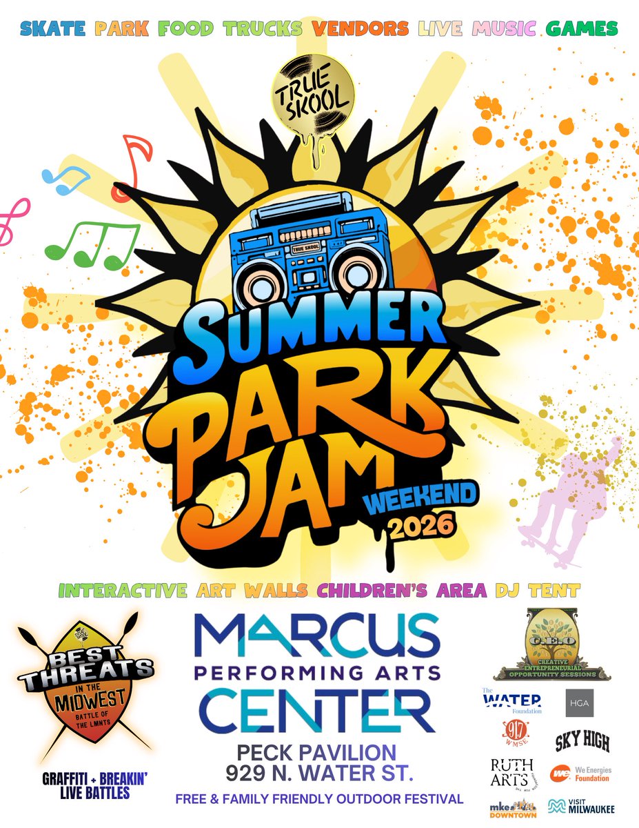 TRUESKOOL414's tweet photo. Kicking off ☀️ Summer Park Jam Weekend 8/14 with the CEO Session$ Friday, August 14 at the Marcus Performing Arts Center. Noon-4pm 👀Don’t wait till we drop this full SPECIAL GUEST line up! 
Seats for Friday are already filling up! Secure your RSVP NOW 
https://t.co/ZAClkAHpBE https://t.co/Jj24hdjrUq