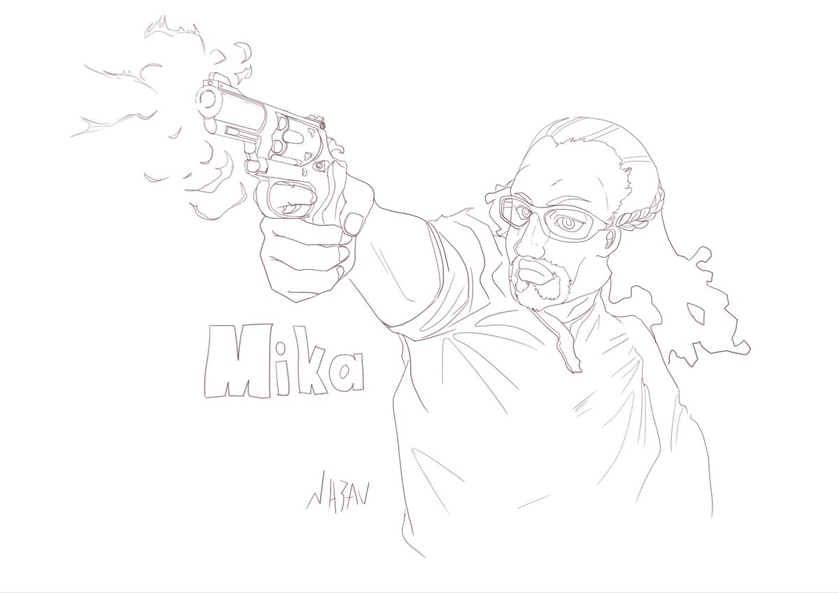 NH3_AV's tweet photo. ミカ先生、落書きをペン入れしてみた。　拳銃は好きだけど描くのは難しいです。45ACPを撃てるリボルバーがあったのでそれを持ってもらいました。#リコリコ https://t.co/LtRDdRDYOp