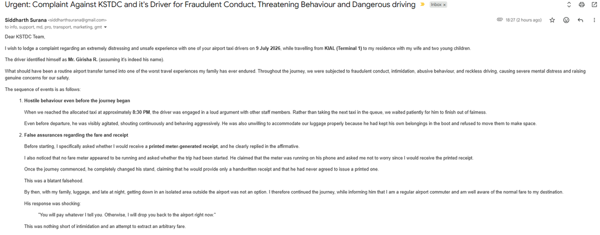 Sidsurana's tweet photo. @kstdc @kempintairprtps @blrcitytraffic  @BlrCityPolice @BLRAirport mail sent to relevant people. For urgent action please! https://t.co/5KQEjqCYdN