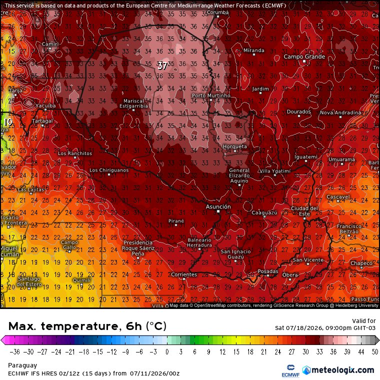Igor__Roik's tweet photo. ECMWF, apesar de mais conservador indica máximas extremamente altas pra esse período em áreas da Argentina e Paraguai.
Abaixo as máximas entre os dias 17 a 20.
Valores próximos dos 40°C em pleno inverno. https://t.co/ylSm2gY0t1