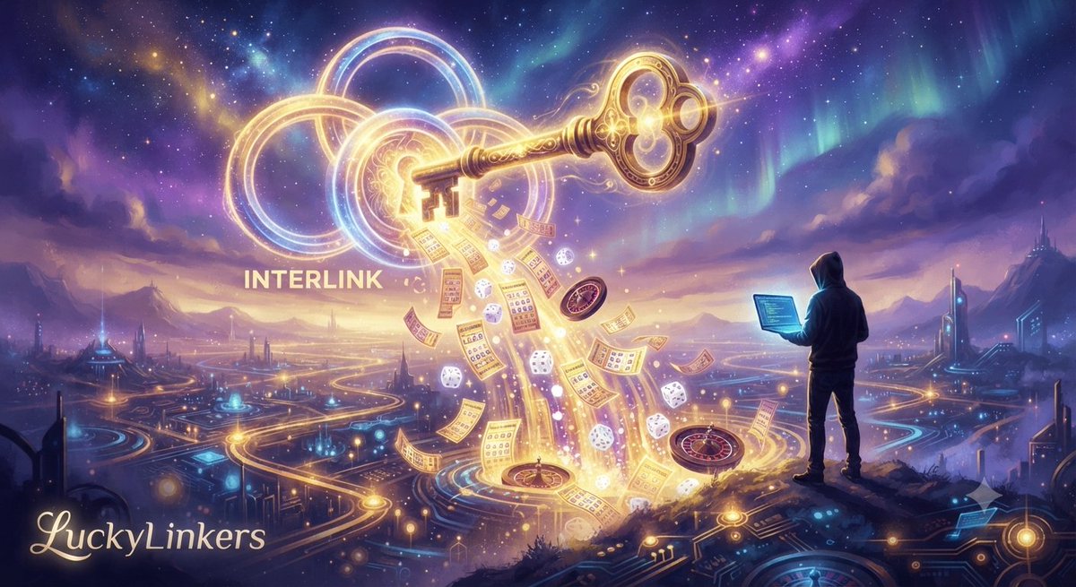 RemedanAyub's tweet photo. LuckyLinkers dApp being launched. A giant golden key is being turned in a lock formed by interlocking rings (the InterLink logo). As the lock opens, a torrent of glowing lottery tickets, dice, and spinning roulette wheels flood  #InterLink #ITLG #ITL https://t.co/OhHLnYudIw