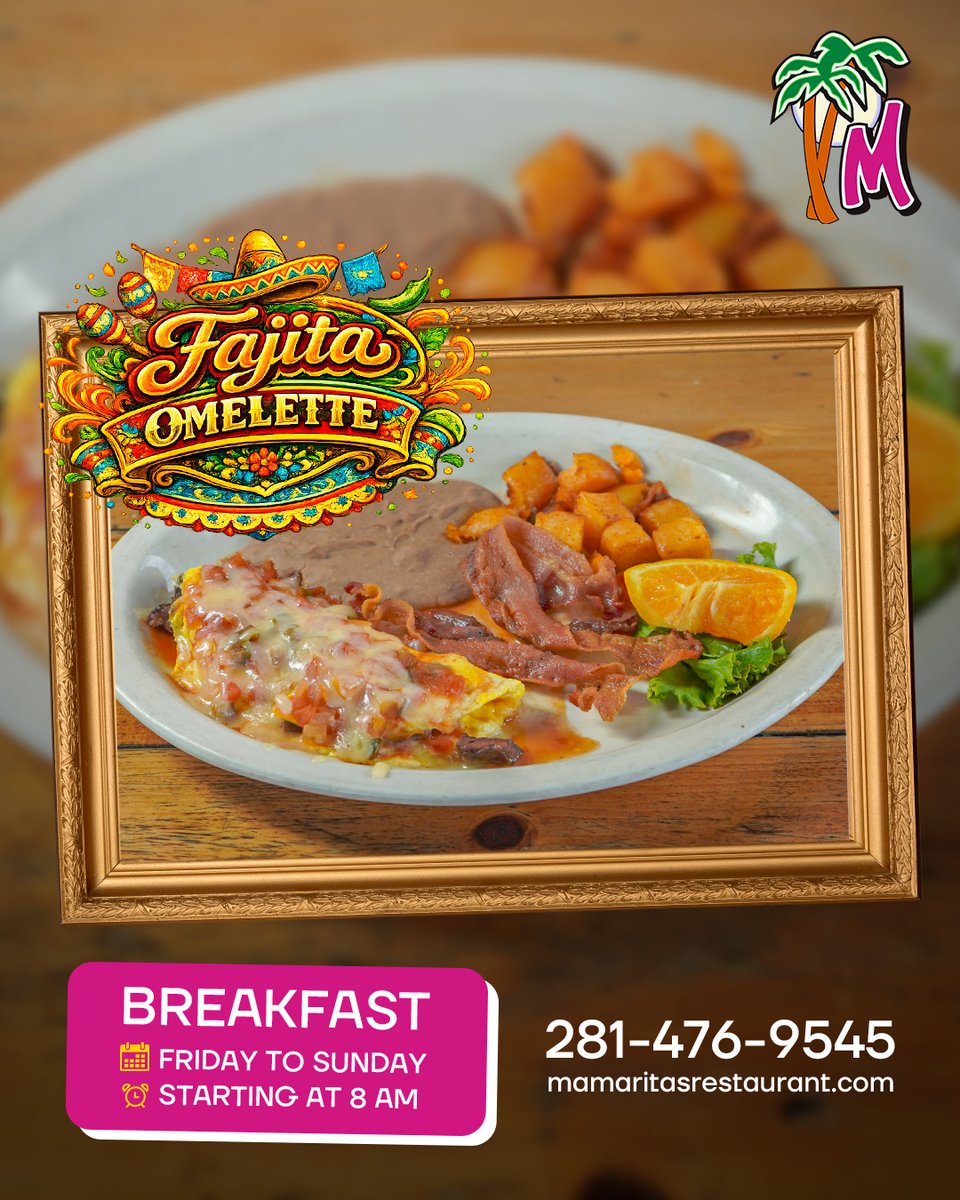 MamaritasR's tweet photo. 🍳🥩 Start your weekend with our flavorful Fajita Omelette topped with cheese and salsa ranchera. Breakfast done right! ☀️😋
📍 7325 Spencer Hwy, Pasadena, TX 77505
📞 281-476-9545
#Breakfast
#FajitaOmelette
#Mamaritas
#BrunchTime
#PasadenaTX https://t.co/dlnPY7pVuA