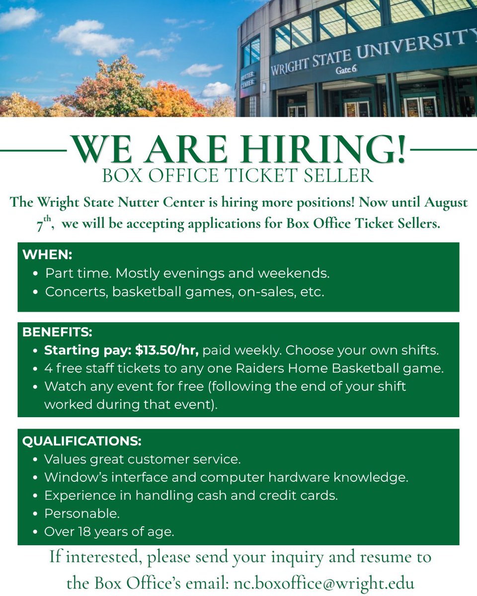 nuttercenter's tweet photo. We're hiring more positions! If you're interested in working for our box office, send in your inquiry and resume before August 7th! We look forward to gaining some new team members! https://t.co/KcSyAmNcgZ