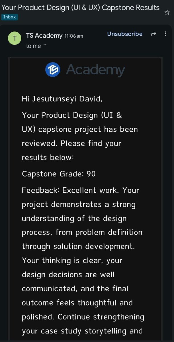 DavidD50449's tweet photo. From self-learning UI/UX on YouTube in 2023 to becoming a certified Product Designer through the TS Academy Scholarship in 2026. 🎓✨
Capstone: 90/100. Grateful for the growth, mentorship, and what's ahead. 🚀
#UIUX #ProductDesign #BuildInPublic https://t.co/qSI8zJKfKV
