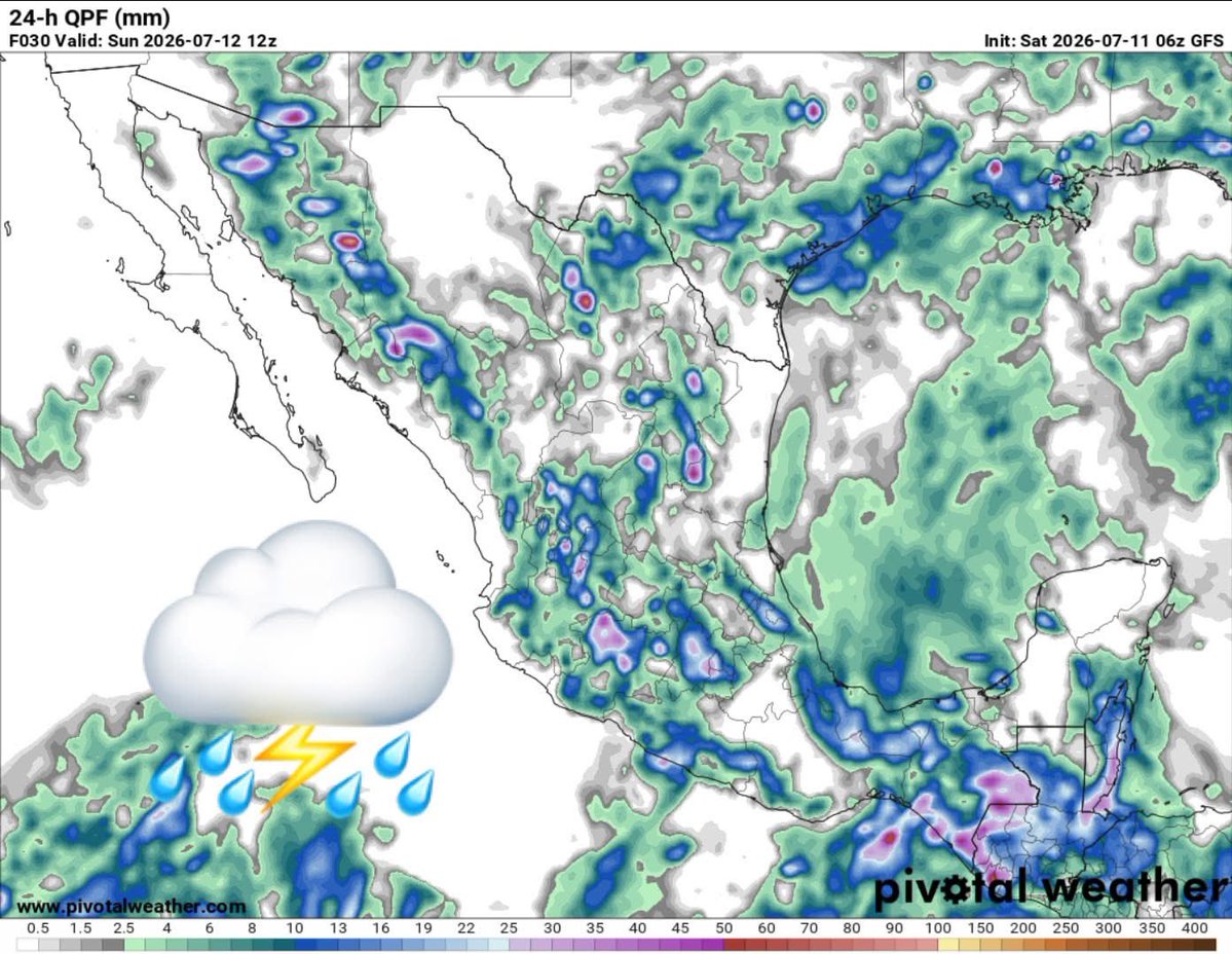 InfoMeteoro's tweet photo. ✅PRONÓSTICO SÁBADO 11/JUL/2026 

“La mayor parte de #México con precipitaciones moderadas a localmente muy fuertes; calor en el norte y costas; templado el Altiplano…”

⛈️LLUVIAS Y TORMENTAS C/GRANIZO

🔴LAS MÁS INTENSAS🔴
-Chis, Ver, EdoMex, CDMX, Mich, Jal, Ags, Zac, NL, Coah, Son, QRoo

🟡EVENTOS AISLADOS FUERTES
-Chih, Dgo, Sin, Nay, Tamps, SLP, Col, Gto, Qro, Hgo, Mor, Pue, Tlax, Gro, Oax, Tab, Camp, Yuc

🌡️AMBIENTE DIURNO☀️
♨️🔥46-50ºC límites de BC-Son
🔥41-45ºC BC, BCS, Son, Sin, Chih, NL, Tamps, Nay, Mich, Gro, Tab, Camp, Yuc
🥵36-40ºC noroeste, norte, noreste
🥵26-35ºC Pacífico sur, oriente, sureste
😅15-25ºC Occidente, Bajío y Centro

⚠️🌬️RÁFAGAS DE VIENTO km/h
35-60 estados del norte, centro, sureste, siendo mayores en zonas de tormenta