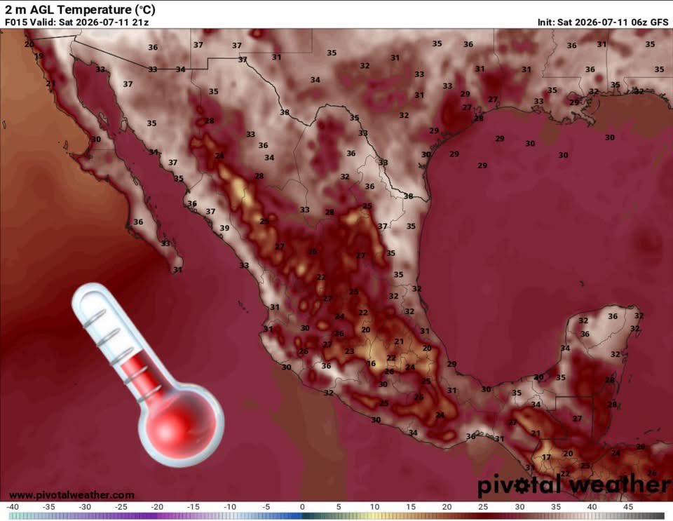 InfoMeteoro's tweet photo. ✅PRONÓSTICO SÁBADO 11/JUL/2026 

“La mayor parte de #México con precipitaciones moderadas a localmente muy fuertes; calor en el norte y costas; templado el Altiplano…”

⛈️LLUVIAS Y TORMENTAS C/GRANIZO

🔴LAS MÁS INTENSAS🔴
-Chis, Ver, EdoMex, CDMX, Mich, Jal, Ags, Zac, NL, Coah, Son, QRoo

🟡EVENTOS AISLADOS FUERTES
-Chih, Dgo, Sin, Nay, Tamps, SLP, Col, Gto, Qro, Hgo, Mor, Pue, Tlax, Gro, Oax, Tab, Camp, Yuc

🌡️AMBIENTE DIURNO☀️
♨️🔥46-50ºC límites de BC-Son
🔥41-45ºC BC, BCS, Son, Sin, Chih, NL, Tamps, Nay, Mich, Gro, Tab, Camp, Yuc
🥵36-40ºC noroeste, norte, noreste
🥵26-35ºC Pacífico sur, oriente, sureste
😅15-25ºC Occidente, Bajío y Centro

⚠️🌬️RÁFAGAS DE VIENTO km/h
35-60 estados del norte, centro, sureste, siendo mayores en zonas de tormenta
