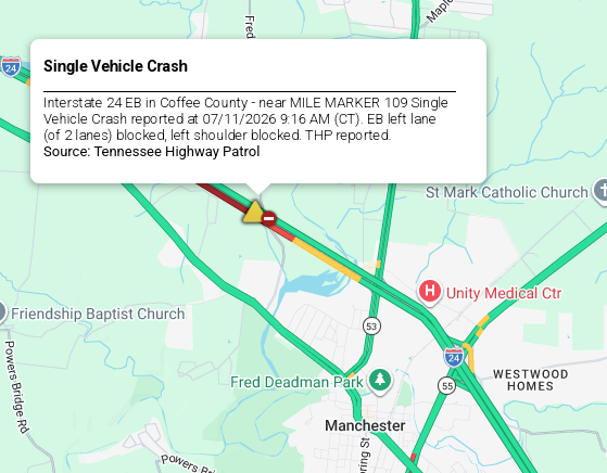 LiveTraffic2's tweet photo. Coffee County/Manchester Area- A crash being cleared on I-24 eastbound at 109 mm 10:05am CT. https://t.co/ILgxs2IWz7 #CommanderChuck #Nashville #Chattanooga #Tennessee #TDOT #Traffic #TrafficAlert #Follow #Weather #Gas https://t.co/yWFXKM2aHN