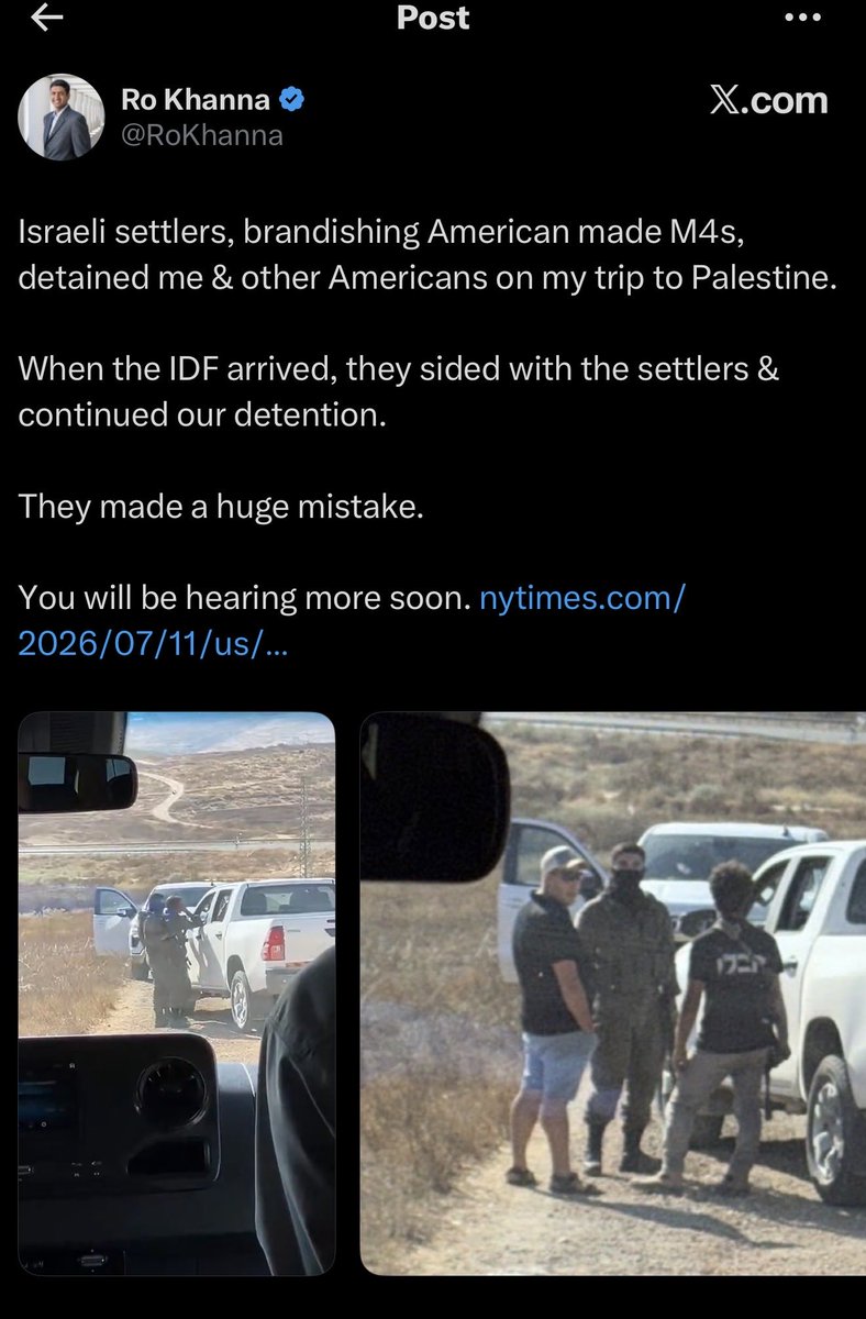 SuppressedNws1's tweet photo. ISRAELIS ATTACK CNN CREW AND U.S CONGRESSMAN🇺🇸🇮🇱

A CNN crew was attacked by Israeli settlers in the occupied West Bank village of Sinjil, with their vehicle surrounded, damaged, and its tires slashed. Israeli police said several suspects were detained carrying knives and clubs.

U.S. Congressman Ro Khanna also said armed settlers blocked his delegation in the Hebron Hills, surrounded their vehicle with M4 rifles, cursed at them, and held them for over an hour. 

Khanna said Israeli soldiers arrived but stood by talking with the settlers instead of helping, adding: “THE ARMY WAS ON THEIR SIDE.” Police later intervened and allowed the group to leave.