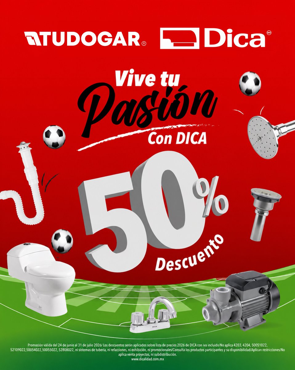 Tudogar's tweet photo. ¡Vive tu pasión con DICA!

Haz que cada jugada cuente… ¡también en tu hogar! 
Aprovecha este increíble 50% de descuento en productos seleccionados y equípate con la calidad que tu espacio merece.

📌Disponible en Tudogar
¡Corre por el tuyo antes de que se acabe! https://t.co/M5BB0tVys9