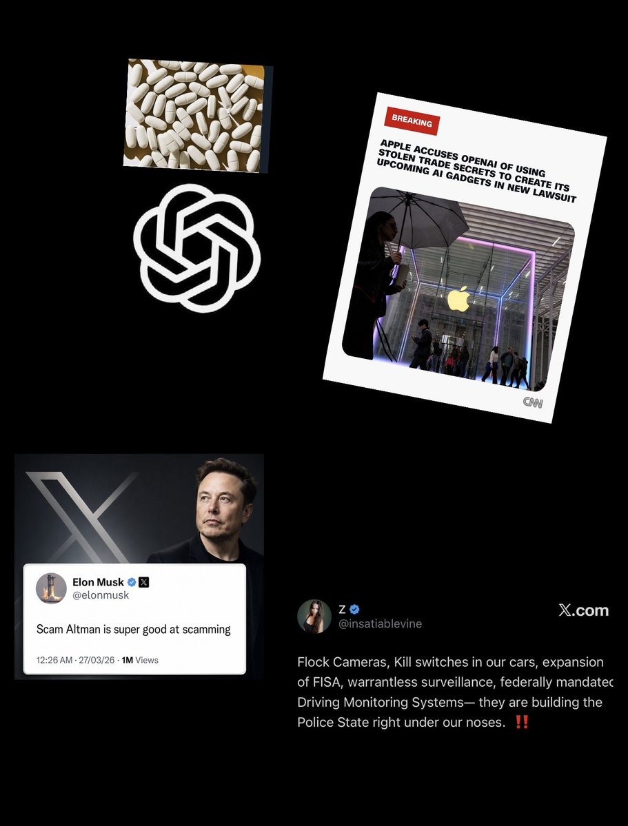 lydia_tpodcast's tweet photo. This collage hit hard today. White pills arranged exactly like the OpenAI logo — screaming POISON. Then “Sam” = Son of Sam, the .44 Caliber Killer. Apple is suing OpenAI for stealing trade secrets to build AI gadgets, while Elon straight-up called Sam Altman a master scammer. Meanwhile Flock cameras everywhere tracking our every move, kill switches in cars, FISA warrantless surveillance, and Obama (44) ties all over it. They’re building a full Police State right under our noses. This is infiltration! America belongs to God, not this mess. Eyes wide open. #WWG1WGA #Trump2024 #AmericaFirst 
@elonmusk