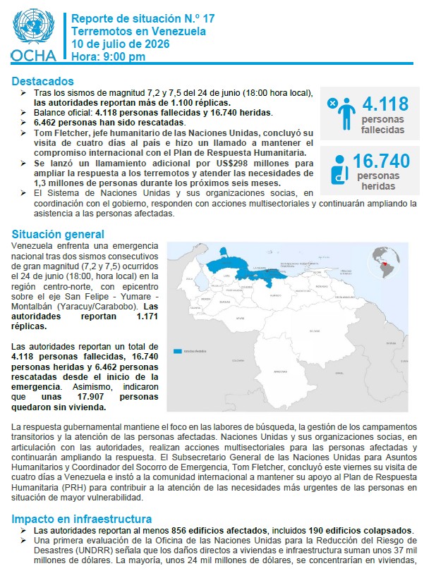 UNOCHA_Americas's tweet photo. 🇻🇪 Detrás de cada entrega de asistencia, consulta médica y espacio seguro tras los terremotos en Venezuela hay un esfuerzo humanitario coordinado para apoyar a las personas afectadas.

Reporte de Situación No. 17:
🔗 ES: https://t.co/J7lqxkRDOZ
🔗 EN: https://t.co/6vwblLFygn https://t.co/GBSRGE4Zoa