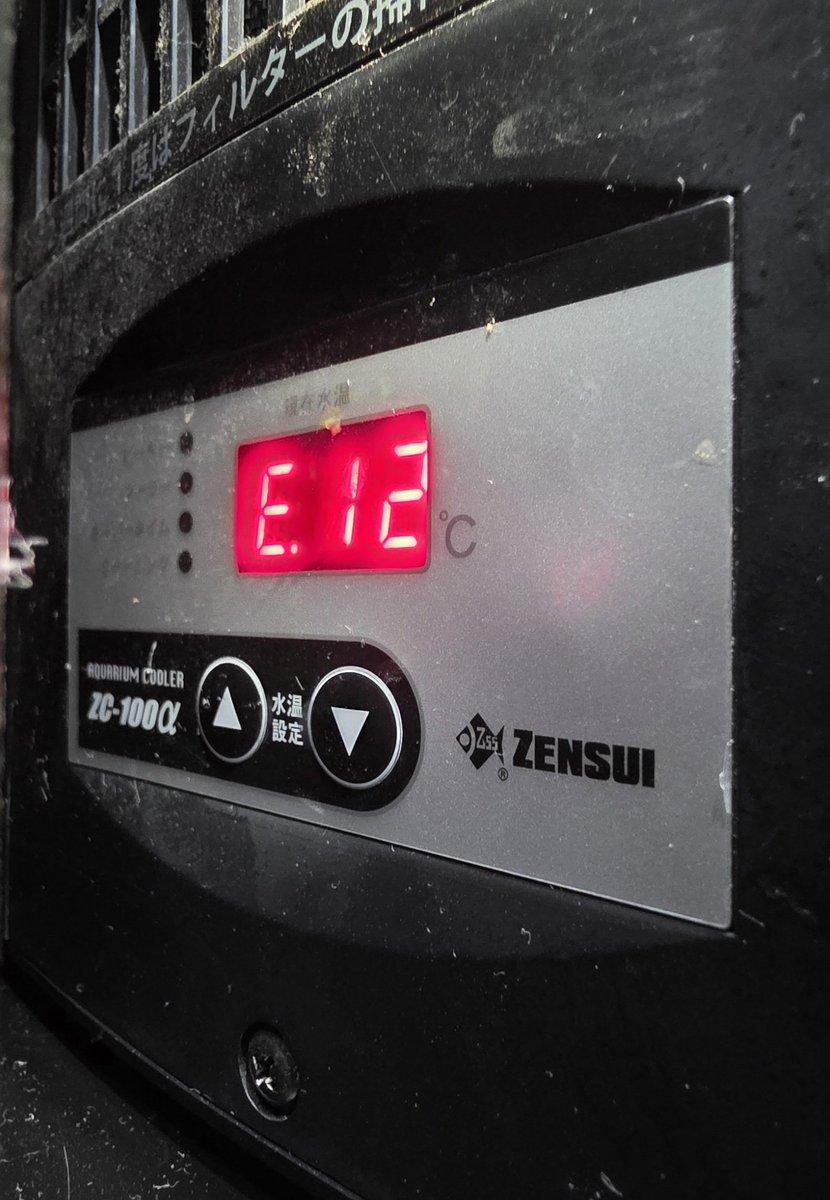 dorche2021's tweet photo. 嫁水槽の水温がちょっと高い?あちこち調べたら、水槽用クーラーの温度表示が「E12」となっている…
昨夜のトールマンTVにて質問したら、温度センサーの故障との回答。修理に出すしかないと判明。すぐには無理なんで取り敢えず電源OFFに。できるだけ早くSHOPに持って行こう😖
#水槽用クーラー
#ZC100 https://t.co/lllr57QCzq