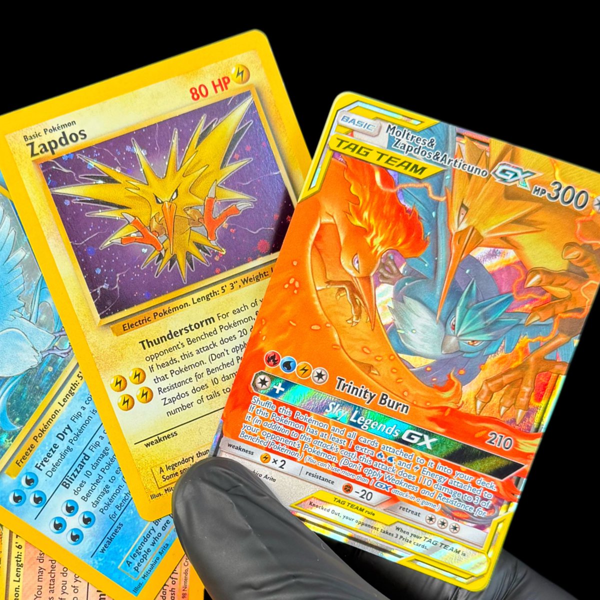 Emera1dbreak's tweet photo. Three legends. Two eras. One legacy. Vintage Pokemon cards to Modern Art. ⚡️🔥❄️ https://t.co/H6iIt9TX5l