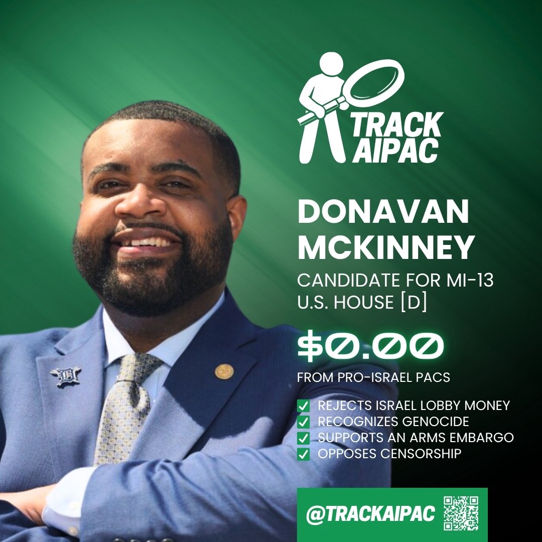 uspolitics1111's tweet photo. In the upcoming primary race for MI-13, the choice is clear between the AIPAC stooge Shri Thanedar and the progressive DSA endorsed candidate Donavan Mckinney. 

Vote progressive, vote Donavan. https://t.co/Al3OPRh7IV