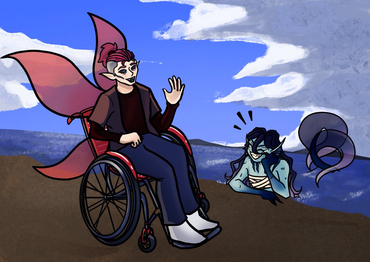 DreamsFoxx's tweet photo. Fifth Art Fight Attack for WhimsicalIconoclast with their character and mine (left to right) ! 

I'm not used to drawing wheelchair but I tried my best :33 

#artfight #artfight2026 https://t.co/KH6oBOB2oZ