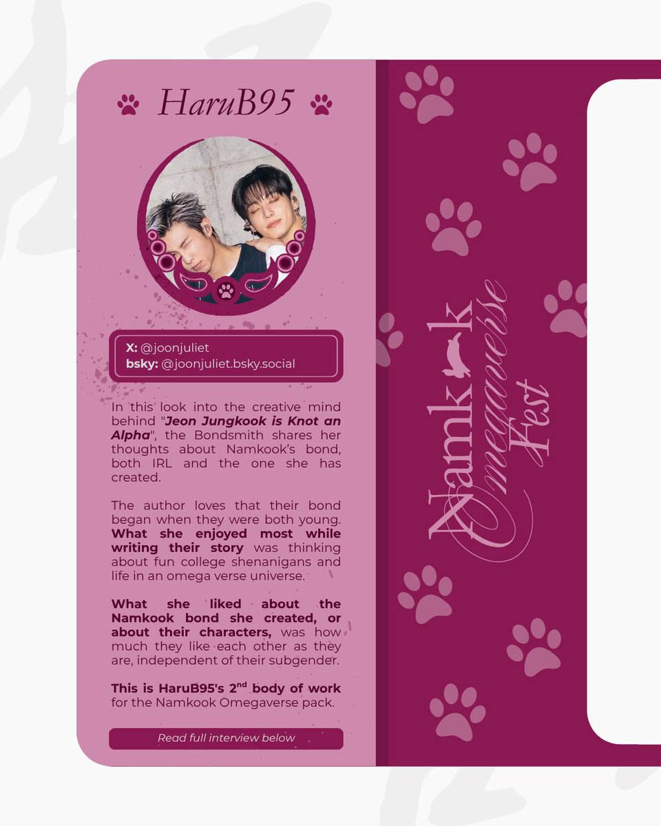 namkookomgvfest's tweet photo. 🐺 Meet packmate and author of 𝐽𝑒𝑜𝑛 𝐽𝑢𝑛𝑔𝑘𝑜𝑜𝑘 𝑖𝑠 𝐾𝑛𝑜𝑡 𝑎𝑛 𝐴𝑙𝑝ℎ𝑎 .ᐟ
   ⤷ HaruB95 🖋

⚔️: @joonjuliet
📚: https://t.co/nRZf2nf33n
🦋: https://t.co/PH05LvUpHB

🎙️ Read the full interview below about her thoughts on Namkook's bond 🤍 https://t.co/wa0znOefeL