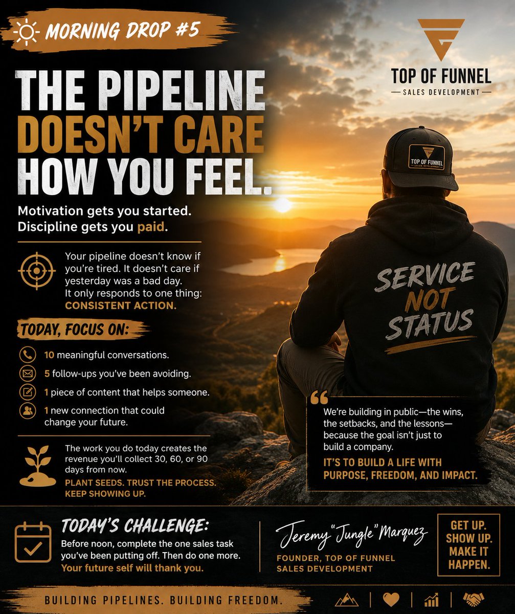 icallyouclose's tweet photo. Your pipeline doesn't care how you feel.
It responds to: • Calls • Follow-ups • Content • Consistency
The work you do today creates the revenue you'll earn weeks from now.
Plant seeds. Stay disciplined.
Get up. Show up. Make it happen.
#Sales #Entrepreneur #BuildInPublic https://t.co/QVd3ZKDsnP