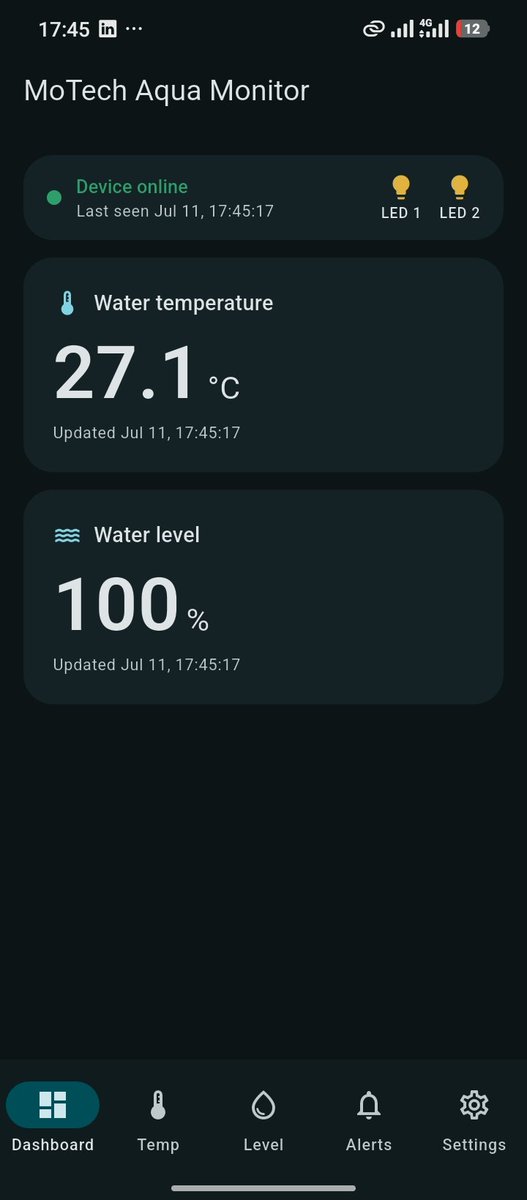 elpistore33's tweet photo. Built a real-time aquarium monitoring system using ESP32 + DS18B20 + HC-SR04 + Firebase + Flutter. 🐠
The ESP32 measures water temperature and level, then securely sends the data to Firebase every 15 seconds over Wi-Fi https://t.co/hubo9Jx7vk