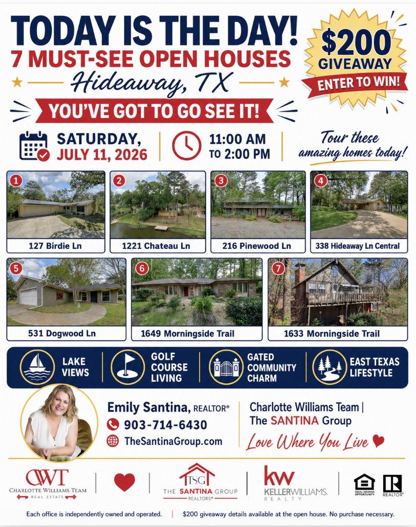 mlebusyb's tweet photo. 🏡TODAY IS THE DAY — OPEN HOUSE IN HIDEAWAY!
Spend your Saturday exploring beautiful homes for sale in Hideaway, Texas.
Join us today from 11:00 AM–2:00 PM and tour available properties throughout sought-after East Texas community. 
📅Today
⏰11:00 AM–2:00 PM
📍Hideaway, TX 75771 https://t.co/cA3oImGB4X
