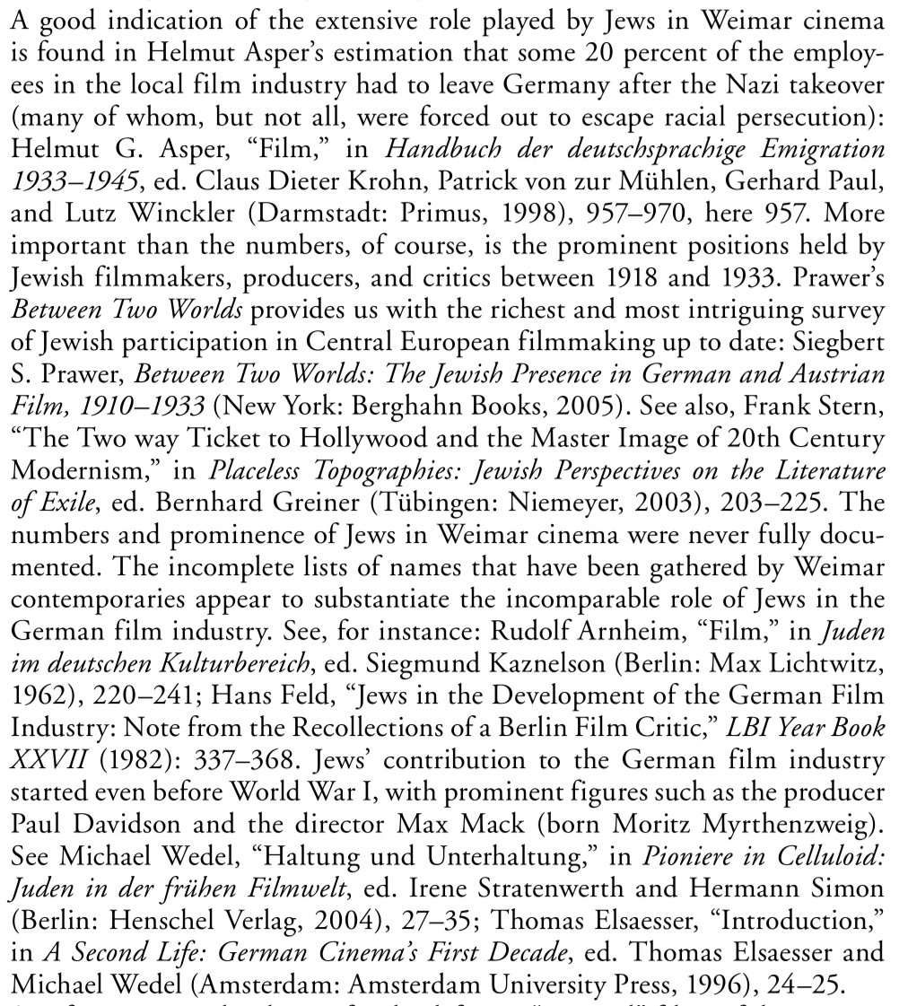 lynchie3000's tweet photo. Weimar-era film was dominated by Jewish filmmakers. 

Ofer Ashkenazi (Weimar Film and Modern Jewish Identity, p. 159) draws our attention to Helmut Asper's estimate that some "20 percent" of the film industry were fired once the NSDAP came to power due to their identity. https://t.co/HseO1KVRWN