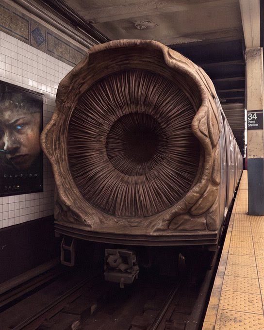 etginlik's tweet photo. Dune 3'ün tanıtımı için dev bir kum solucanı, New York metrosundaki bir treni ele geçirdi. https://t.co/1FnLfyFnTK