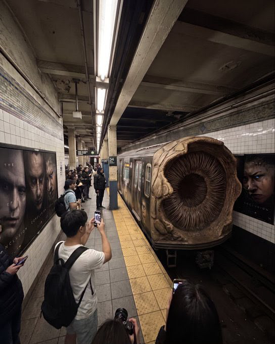 etginlik's tweet photo. Dune 3'ün tanıtımı için dev bir kum solucanı, New York metrosundaki bir treni ele geçirdi. https://t.co/1FnLfyFnTK