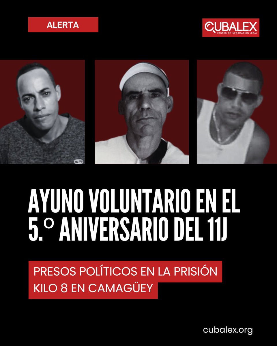 CubalexDDHH's tweet photo. 📌Presos políticos en la prisión Kilo 8 anuncian ayuno voluntario en el 5.º aniversario del 11J

Desde la prisión de máxima seguridad Kilo 8, en Camagüey, presos políticos anunciaron a través de un audio enviado desde el penal que se plantarán en protesta este 11 de julio, con motivo del quinto aniversario de las históricas manifestaciones en Cuba.

⛓️Los manifestantes Amaury Díaz García, Danisbel Labrada Morales y Ediolvis Marín Mora informaron que realizarán un ayuno de 12 horas, el cual iniciará a las 6:00 a.m. y concluirá a las 6:00 p.m. Asimismo, declararon que asumen esta acción como una huelga de hambre pacífica para exigir "la libertad de la patria y la libertad de todos los presos políticos".

Los huelguistas señalaron que no descartan que otros reclusos dentro del penal se sumen a la protesta en las próximas horas.

📢Desde Cubalex nos hacemos eco de su protesta y mantendremos vigilancia sobre su integridad, por la que el Estado es responsable. La Prisión Especial Kilo 8 en Camagüey repitió como el centro con mayor concentración de abusos registrados en junio, donde oficiales identificados mantuvieron un patrón de golpizas, desnutrición, aislamiento y negación de atención médica contra presos políticos.

💪 Apoya nuestra labor en la defensa de los derechos humanos. Dona a Cubalex aquí: https://t.co/uCzZ1iiXhy

#Cubalex #11JCuba #PresosPolíticos #Cuba #Kilo8 #SOSCuba #DerechosHumanos