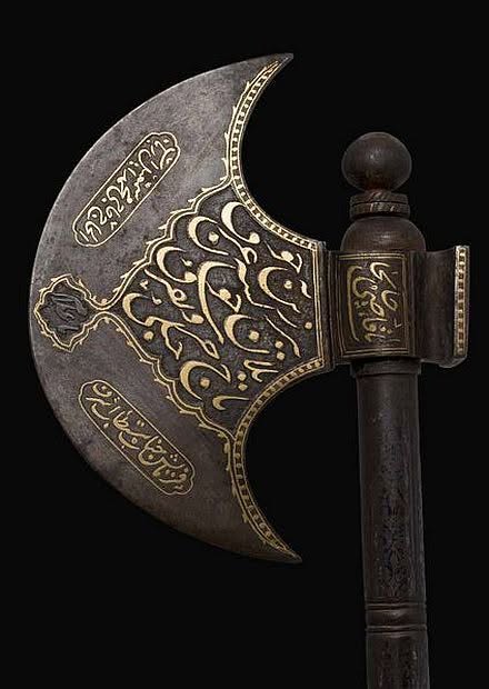 pastarchive's tweet photo. A 19th-century battle-ax from Iran. Steel, gold, and silver. Now part of the Caravana Collection. https://t.co/RYgyeM24T8