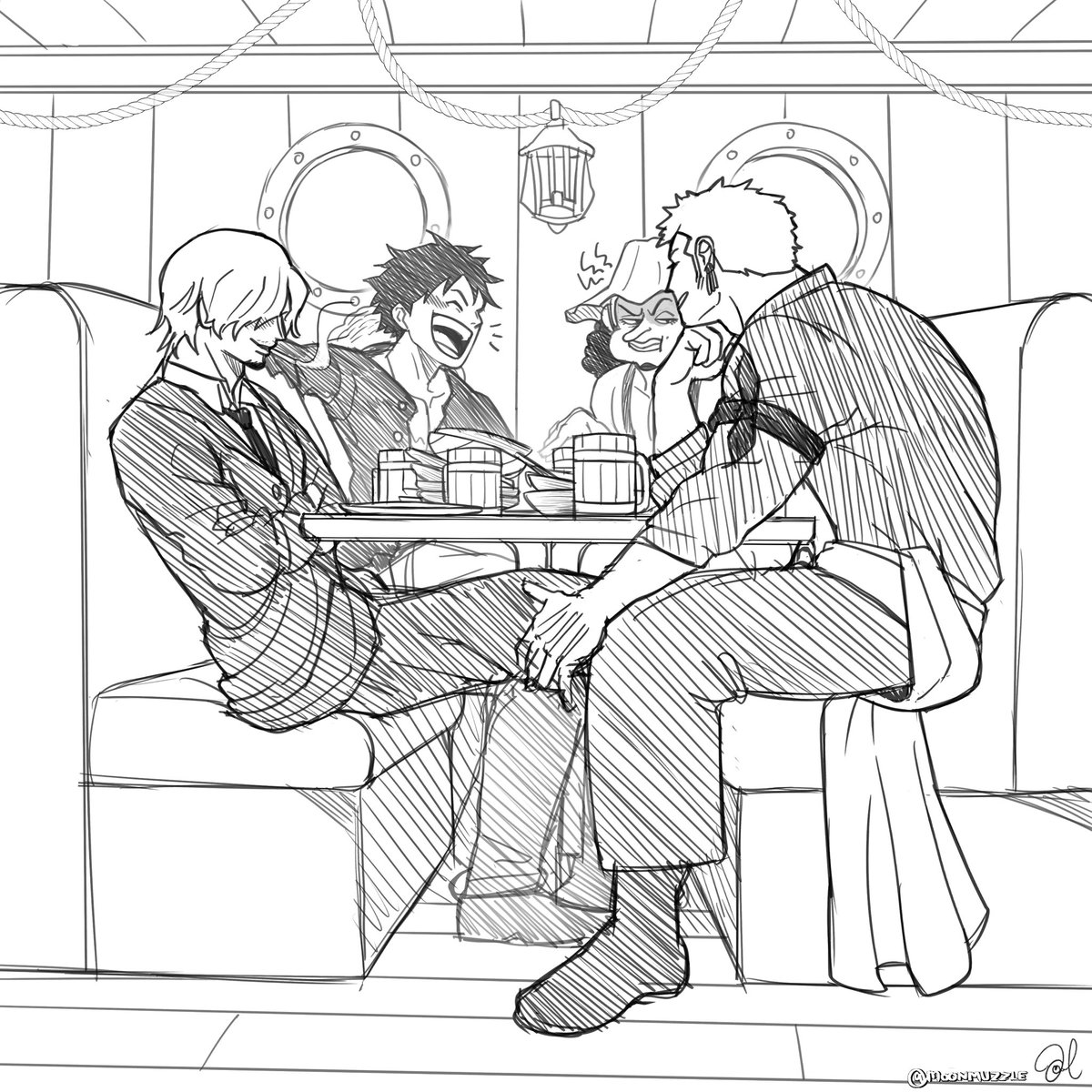 moonmuzzoo's tweet photo. Under the table 🖍️ 
Sometimes “I love you” looks like this.💚💛

#zosan #ゾロサン https://t.co/q5VYJH9Qpu