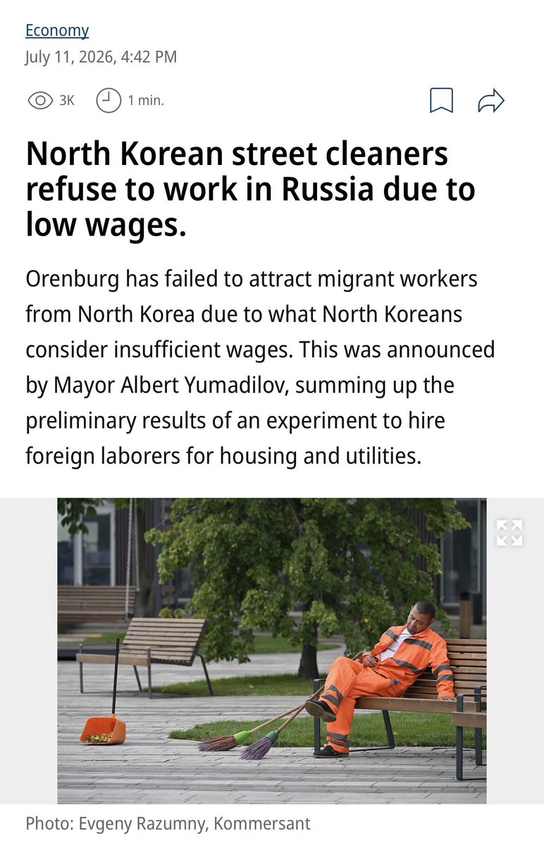Prune602's tweet photo. ‼️ Russia: “North Korean street cleaners refuse to work in Russia due to low wages.”

Orenburg Mayor Albert Yumadilov: “Workers from North Korea won't go for 55,000 rubles. The wages there are two to three times higher”

https://t.co/6uHx6wIEhw https://t.co/HlRPHxDozs