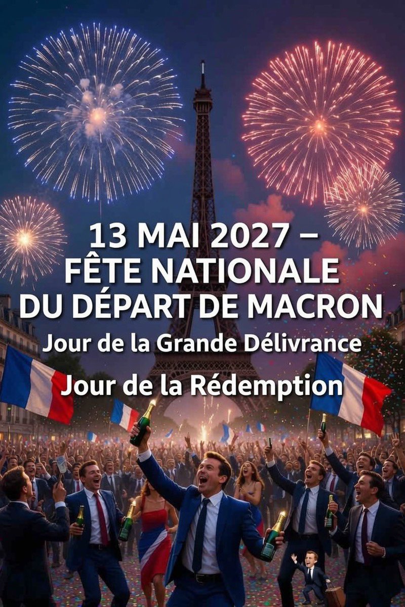 Guigz75116's tweet photo. Franchement, on devrait déclarer fête nationale le jour où Macron pliera bagage. On l’appellera le “13 Mai 2027” ou le “Jour de la Grande Délivrance” ou “Jour de la Rédemption“

Imaginez : matin fanfare et défilé de gens, un grand concours de “qui a le plus souffert ces 10 ans”. 

L’après-midi apéro républicain géant avec des banderoles “Enfin libres !”, et soirée feux d’artifice financée par les économies sur les jets privés.

Même les plus grognons des Français seront dans la rue à danser. Ce sera plus unanime que la victoire de 98.

Allez, on se lance chiche? 😂🇫🇷 
(Sur une idée de @vald1901)
#MacronDépart #FêteNationaleDuSiècle