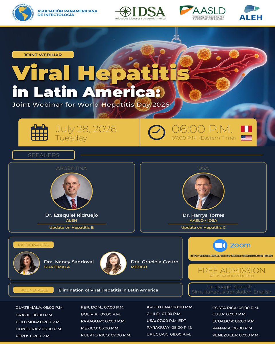 AASLDtweets's tweet photo. Learn on-the-go as we collaborate with ISDA, ALEH, and API during a webinar on Viral Hepatitis in Latin America on World Hepatitis Day at 7 p.m. EDT! Held in Spanish with English subtitles, join AASLD/IDSA member  Harrys Torres, MD, FAASLD, and ALEH member Ezequiel Ridruejo, MD, PhD as they discuss #hepatitisC and #hepatitisB.   

Prepare for the in-depth conversation on vaccination, diagnosis, and treatment approaches that lead to a roundtable on current efforts of viral hepatitis elimination. Register now at  https://t.co/T8KPAKhnOQ.
