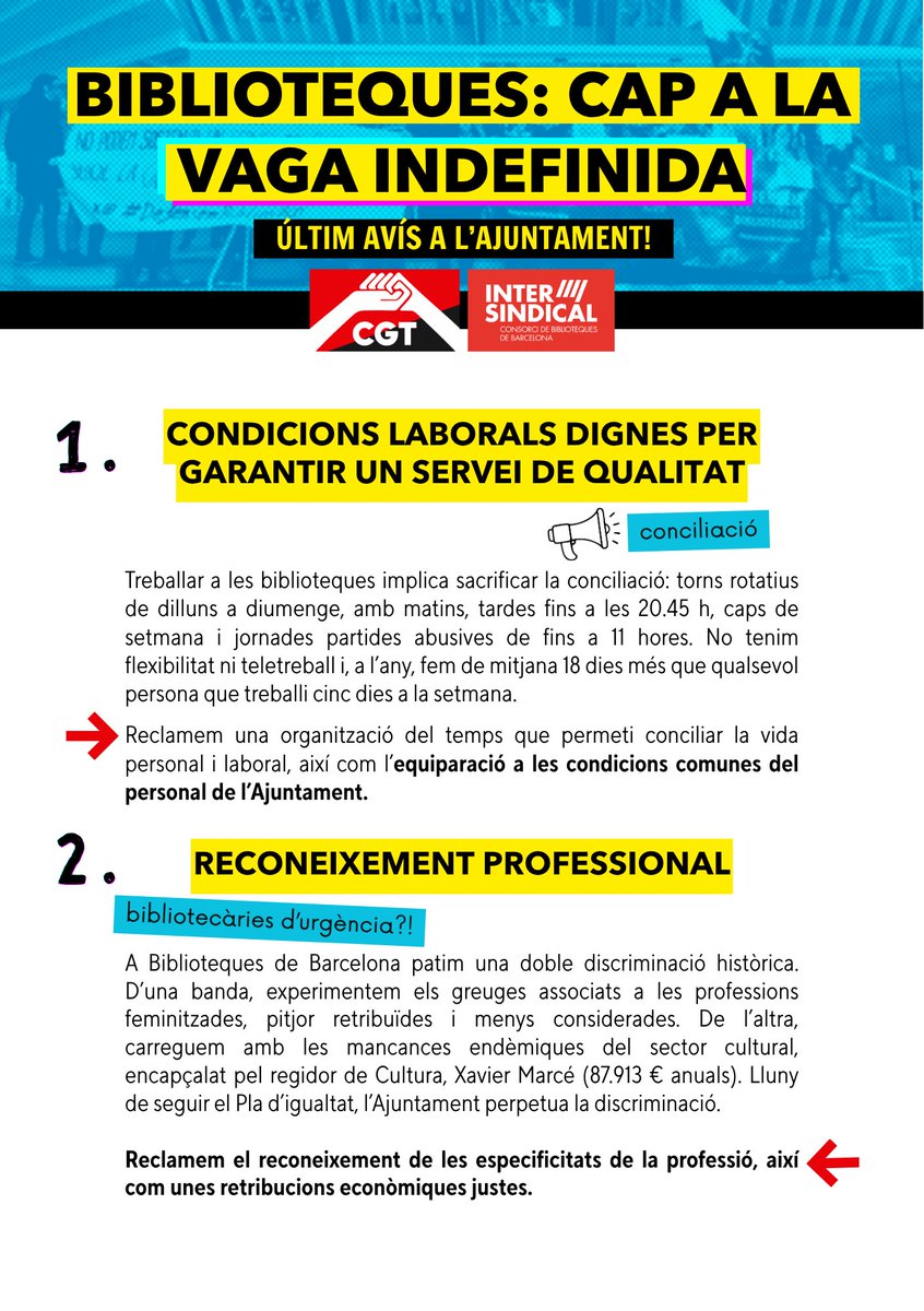 defensembiblios's tweet photo. ❌ Després de 12 setmanes de vaga, 7 d'indefinida diària i més de 4.200 jornades de vaga acumulades pel conjunt de la plantilla de Biblioteques de Barcelona, l'Ajuntament continua sense obrir una negociació real🔥

Recordem els motius pels quals la plantilla continua en vaga ⬇️ https://t.co/1iLTRi97RK