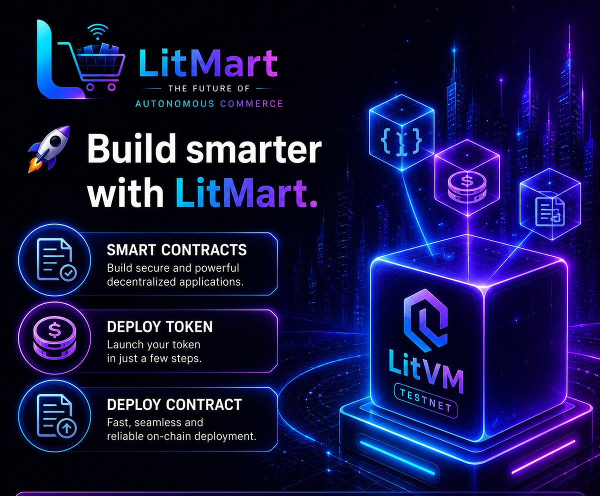 litmart's tweet photo. 🚀 Build smarter with LitMart.

Smart Contracts

Deploy Token

Deploy Contract

Powered by LitVM Testnet. @LitecoinVM https://t.co/18CNipAMrr