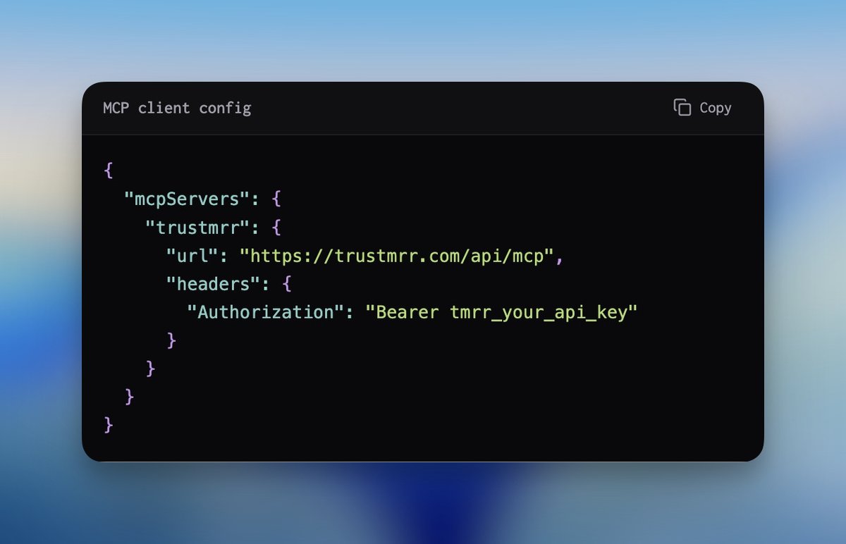 marclou's tweet photo. I just added an MCP for @trust_mrr 🤖🔗🤖

It's a wrapper around the public API to fetch startups listed with their revenue, MRR, marketing channels, etc.

The final step is to build a ChatGPT App around the MCP.

I want TrustMRR to be an AI agent first marketplace, and I thought it would be pretty cool to ask "find me the best startup deal under $100K to acquire" 😎
