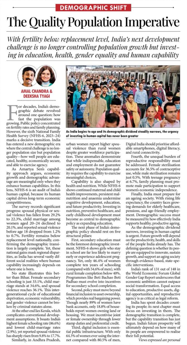 ens_socialis's tweet photo. India’s demographic challenge is no longer population growth but population quality. As NFHS-6 confirms the demographic transition, the focus must shift to education, health, gender, digital inclusion, and human capabilities. I write with @deekshatyagii. https://t.co/JJAa2uLvtR https://t.co/lCEfXk52Nw