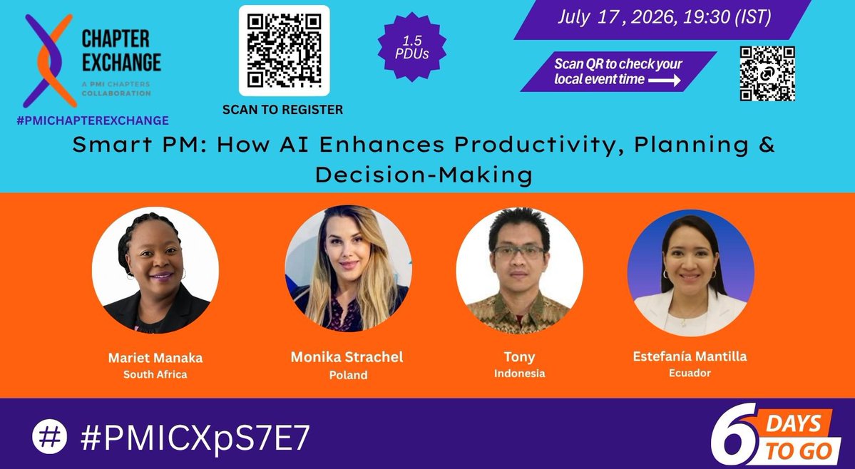 PMIMC's tweet photo. 6 Days to Go!

AI is transforming project management with smarter planning, higher productivity, and better decision-making.

Join PMI Chapter Exchange on 17 July | 7:30 PM IST and learn from global experts.

🎓 Earn 1.5 PDUs

Register: https://t.co/9UjcQffqSG⁠�

#pmi https://t.co/r8iaku4Cte