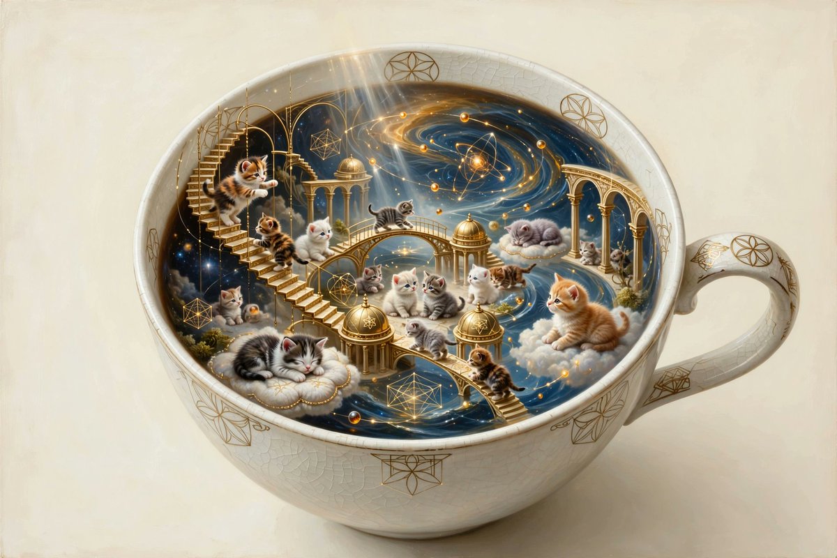 Cedro_Myr_IA_m's tweet photo. Você abre sua xícara de café e tem uma civilização inteira de gatinhos morando lá dentro. Eles pagam aluguel com ronrons
#CatTwitter #gatosfofos #whimsicalart #digitalart #aestheticcore #diorama #porcelainart #artecomIA #catsareliquid #booktokart https://t.co/XK9nWt9qHa