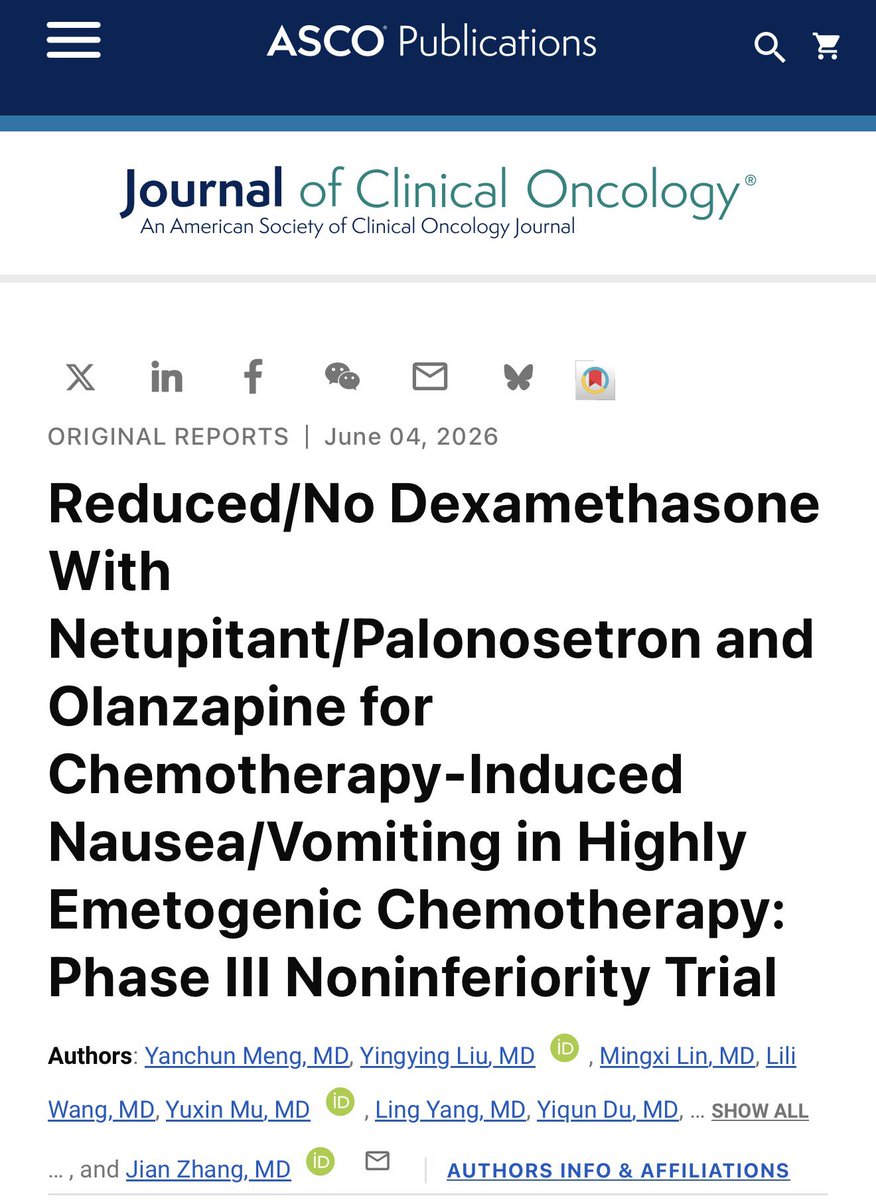 OncBrothers's tweet photo. I use Olanzapine heavily in my clinical practice across multiple tumor types. 👇👇 Phase III: Netupitant/Palonosetron + olanzapine +/- DEX was noninferior to standard 4-day DEX for CINV in highly emetogenic chemo. ⬇️ steroid toxicities.

#OncTwitter #bcsm #gusm @JCO_ASCO https://t.co/rFObERmKtC