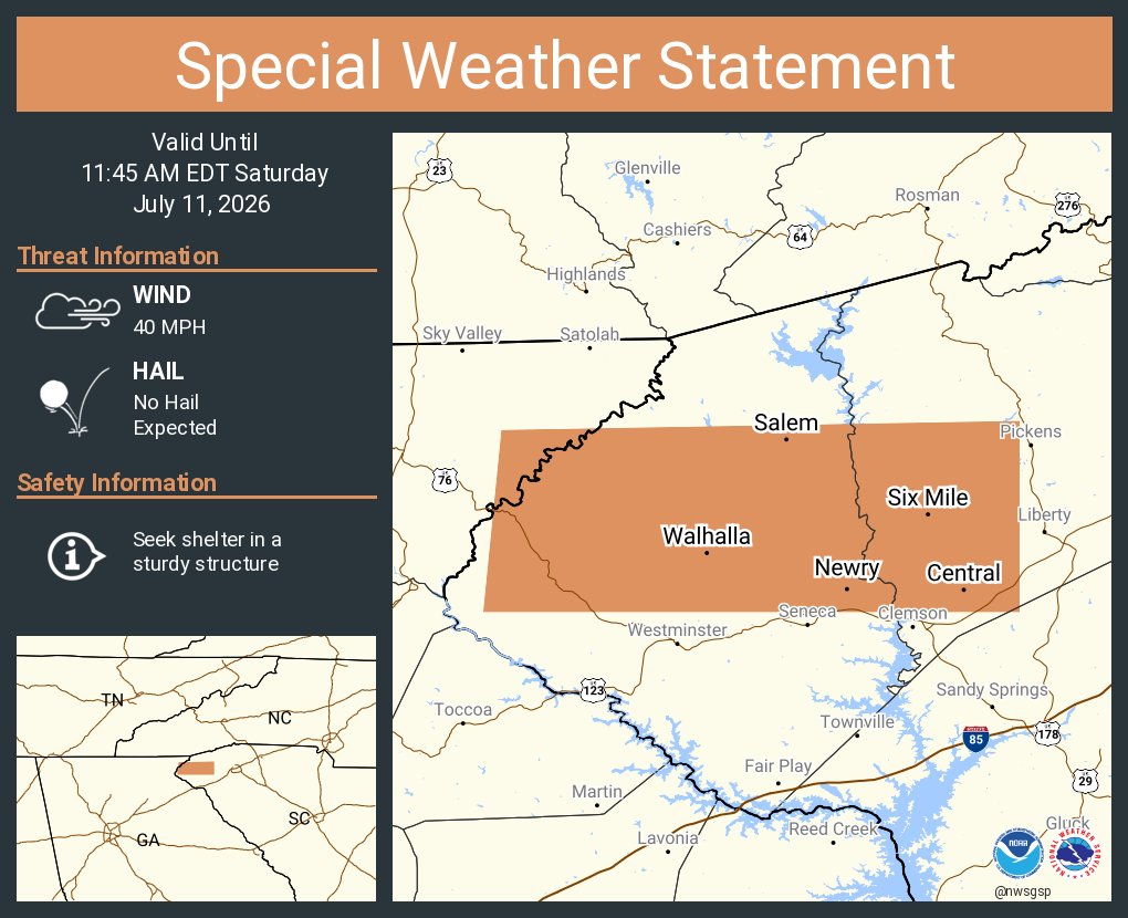 NWSGSP's tweet photo. A special weather statement has been issued for Central SC, Walhalla SC and  Norris SC until 11:45 AM EDT https://t.co/FO1oaFaaDD