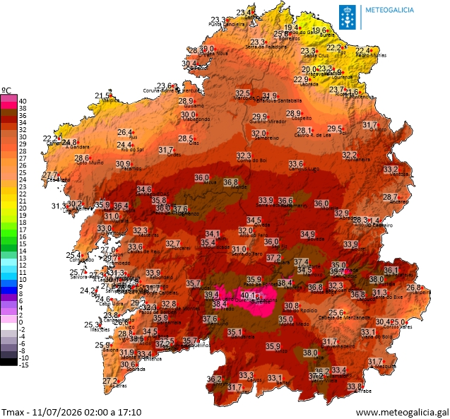 MeteoGalicia's tweet photo. Como estaba previsto esta tarde estanse acadando valores de temperatura moi elevados, cunha máxima de 41.6ºC en Ourense.

Pero ollo porque tamén comezan a formarse as tormentas. Se estades no exterior non esquezades seguir as imaxes do radar👇
https://t.co/rpOnbRVPJS https://t.co/s0Kp1ZaAqX