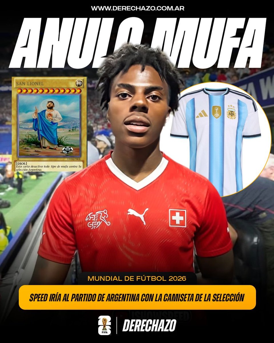 derechazoar's tweet photo. 🇦🇷🇨🇭🚨 ANULO MUFA: El streamer Speed dejó de ir con las camisetas de las selecciones que jugaban porque siempre perdían y lo trataban de mufa.

‼️ Seguramente hoy va a caer con la camiseta de Argentina, así que nosotros nos anticipamos y le anulamos la mufa desde antes. https://t.co/zLkkVNca9e