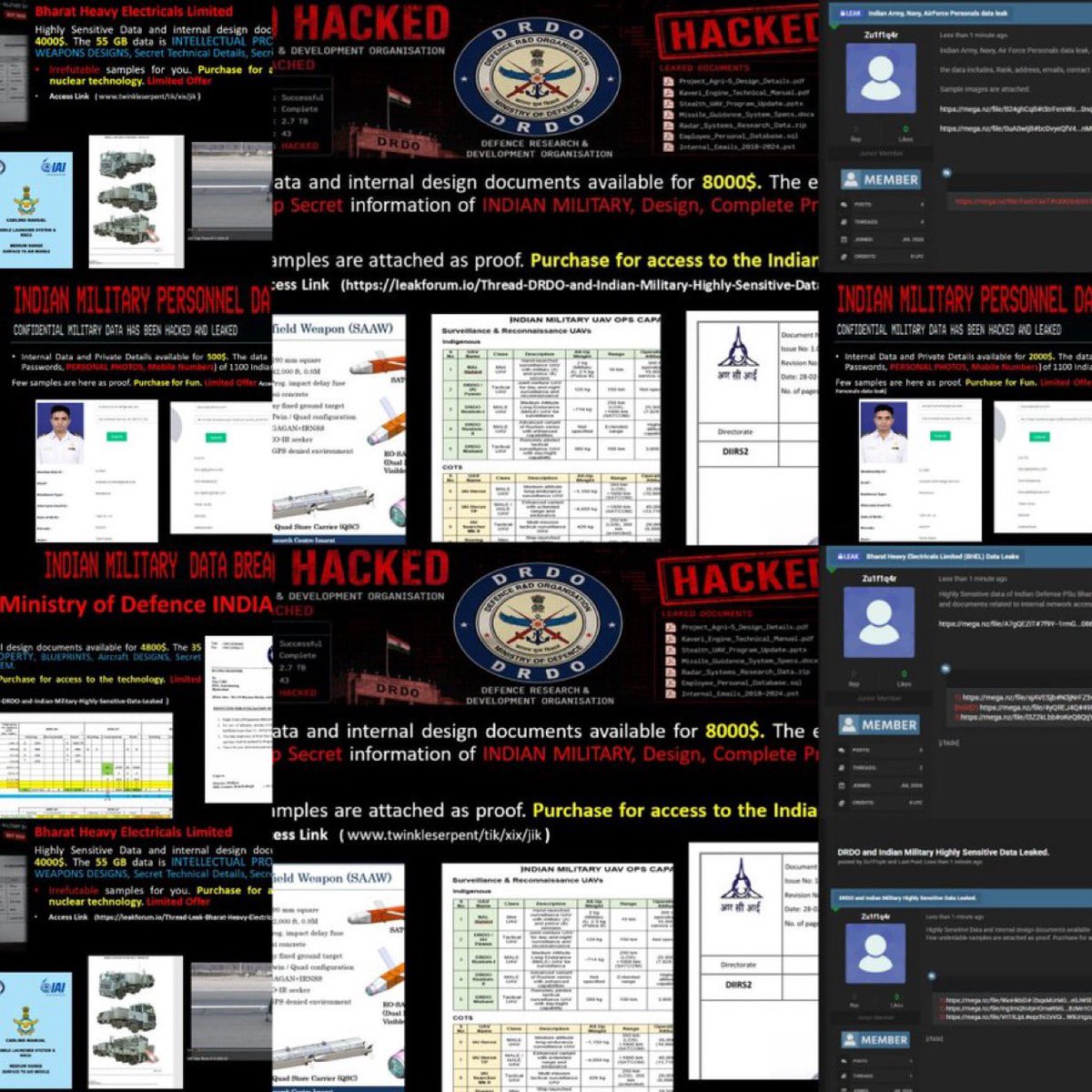 osintwarnews's tweet photo. A Pakistani cyber-espionage outfit, the Zulfiqar APT Group, has released a massive trove of sensitive Indian military and strategic data on the dark web.

 The leaked materials reportedly include classified project files from the DRDO, comprehensive personal records of over 5,000 military personnel, internal DRDO controlled-access documents, logs from India's Ministry of Defence, and full system data from both HAL and BHEL.