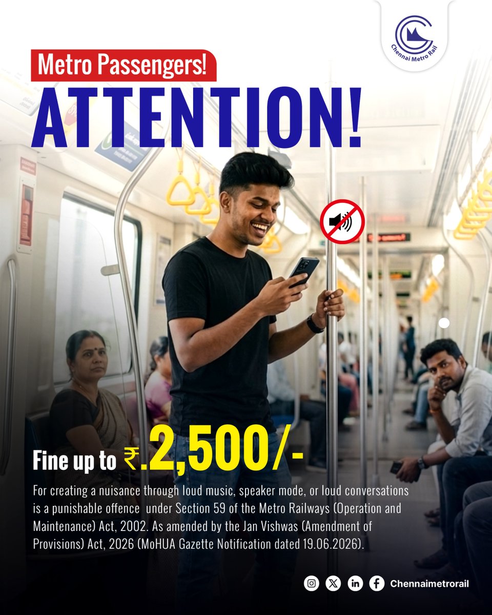 cmrlofficial's tweet photo. Metro Passengers, Attention!

Playing music on speaker, watching videos aloud, or creating loud disturbances can attract a fine of up to ₹2,500.

🎧 Use headphones.
🤝 Respect fellow passengers.
🚇 Let's keep Chennai Metro comfortable for everyone.

#ChennaiMetro #CMRL #MetroEtiquette #TravelResponsibly #HeadphonesOn