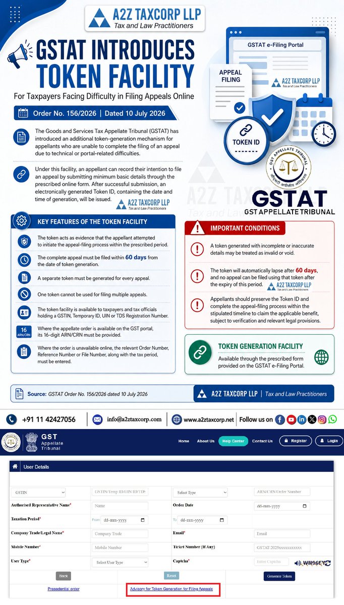 BimalGST's tweet photo. GSTAT Introduces Token-Based Facility to Safeguard Appeals Initiated by 31 July 2026

Appellants facing portal-related difficulties may record their intent to file an appeal by generating a token on or before the statutory due date

Appeals must be completed within 60 days from the date of token generation; separate token required for each appeal

Read More at: https://t.co/aufZrAwomv