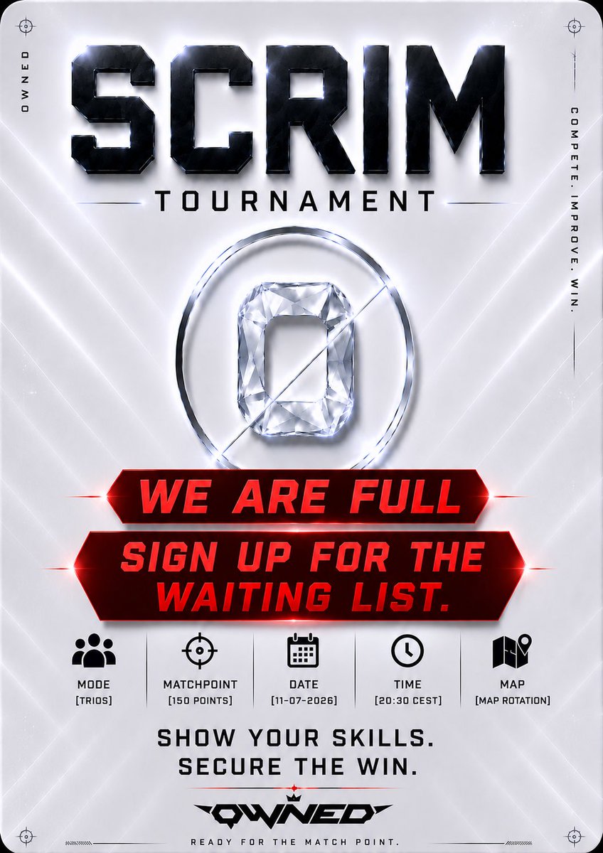 ownd_blackout's tweet photo. Tonight’s scrim is full. But we’ll open the waiting list in case a team drops. 

Sign up in our Discord now:
https://t.co/S7GIFnqwy9 https://t.co/Gl4DXMTVKi