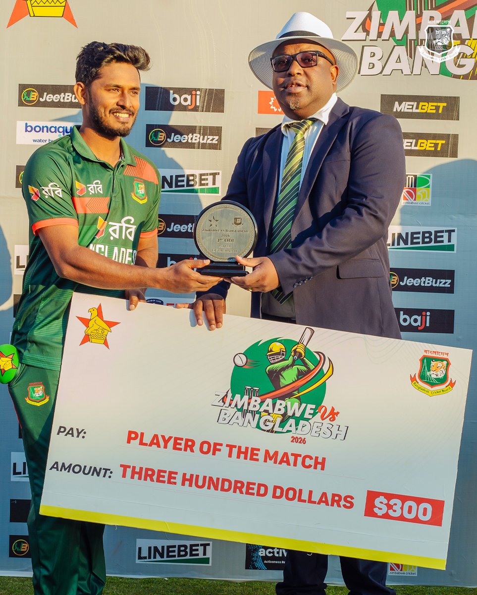BCBtigers's tweet photo. Player of the Match: Tanzid Hasan Tamim (Bangladesh) 94 off 101
Bangladesh won by 7 wickets | Zimbabwe 🆚 Bangladesh
3rd ODI | 11th July, 2026 | 1:30 PM (BST)
Harare, Zimbabwe
#BCB #Tigers #Bangladesh #Cricket #Zimbabwe https://t.co/o1KQfWc4PK