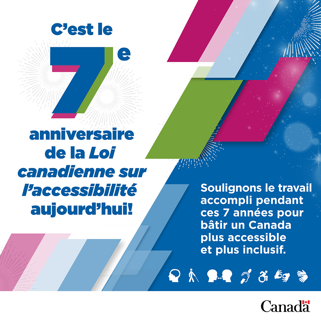 GCAccessible's tweet photo. Aujourd’hui est le 7e anniversaire de la Loi canadienne sur l’accessibilité.

Des progrès ont été faits, mais il y a encore des obstacles à l’accès aux services et en milieu de travail.

L’accessibilité doit être prise en compte dès le départ.  
https://t.co/oGyJA4tixn https://t.co/hSJzHfGbPo