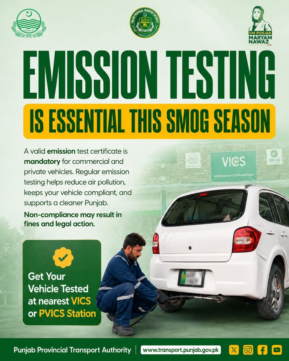 PPTAOfficial's tweet photo. Don't wait until it's too late.

Get your vehicle's emission test done this smog season and help reduce air pollution across Punjab. A valid emission test certificate is mandatory, and non-compliance may lead to fines and legal action.

Visit your nearest VICS or PVICS station. https://t.co/s3ReYAj1gt