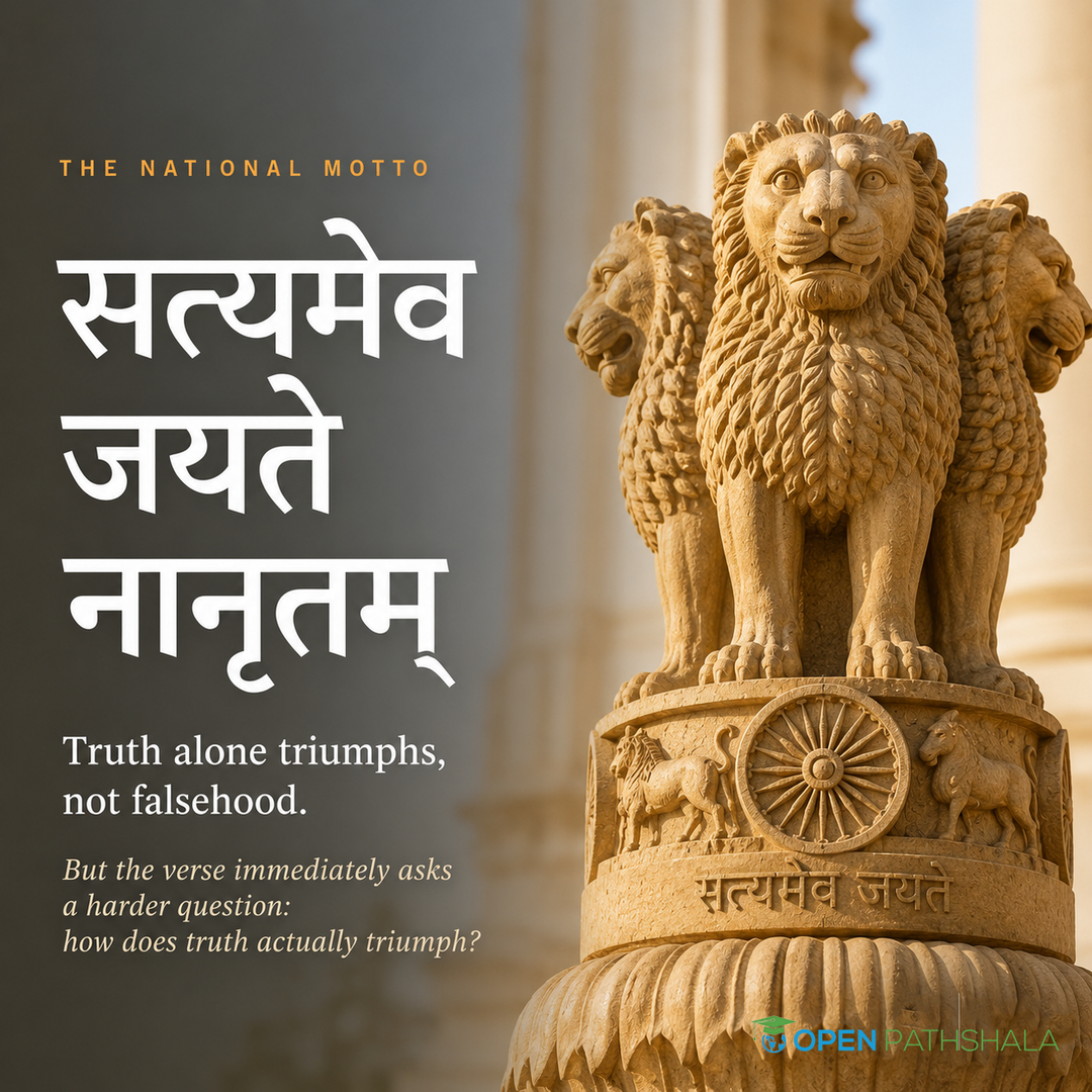 OpenPathshala's tweet photo. You've seen these four words your entire life. On the emblem. On every coin. On courtroom walls.

सत्यमेव जयते - "Truth alone triumphs."

What almost nobody's seen is the rest of the verse it was cut from - from the Mundaka Upanishad, written down more than 2,000 years before it became independent India's national motto in 1950.

The full verse doesn't stop at "truth wins." It says truth is a road - देवयानः, the path of the gods - the same road the sages walked, free of craving, all the way to ultimate reality itself.

सत्यमेव जयते नानृतं सत्येन पन्था विततो देवयानः।
येनाक्रमन्त्यृषयो ह्याप्तकामा यत्र तत् सत्यस्य परमं निधानम्॥

satyameva jayate nānṛtaṃ satyena panthā vitato devayānaḥ | yenākramantyṛṣayo hyāptakāmā yatra tat satyasya paramaṃ nidhānam ||

"Truth alone triumphs, not falsehood. Through truth the path of the gods lies spread out, by which sages who've attained their desires ascend to where that supreme treasure of truth rests."

सत्य की ही विजय होती है, असत्य की नहीं। सत्य के द्वारा ही देवयान मार्ग फैला हुआ है, जिससे इच्छारहित ऋषि सत्य के परम निधान तक पहुँचते हैं।

So the emblem isn't quoting a moral. It's quoting a map.

Save this before you forget it. Send it to your friends so they understand where the line comes from! 🔖